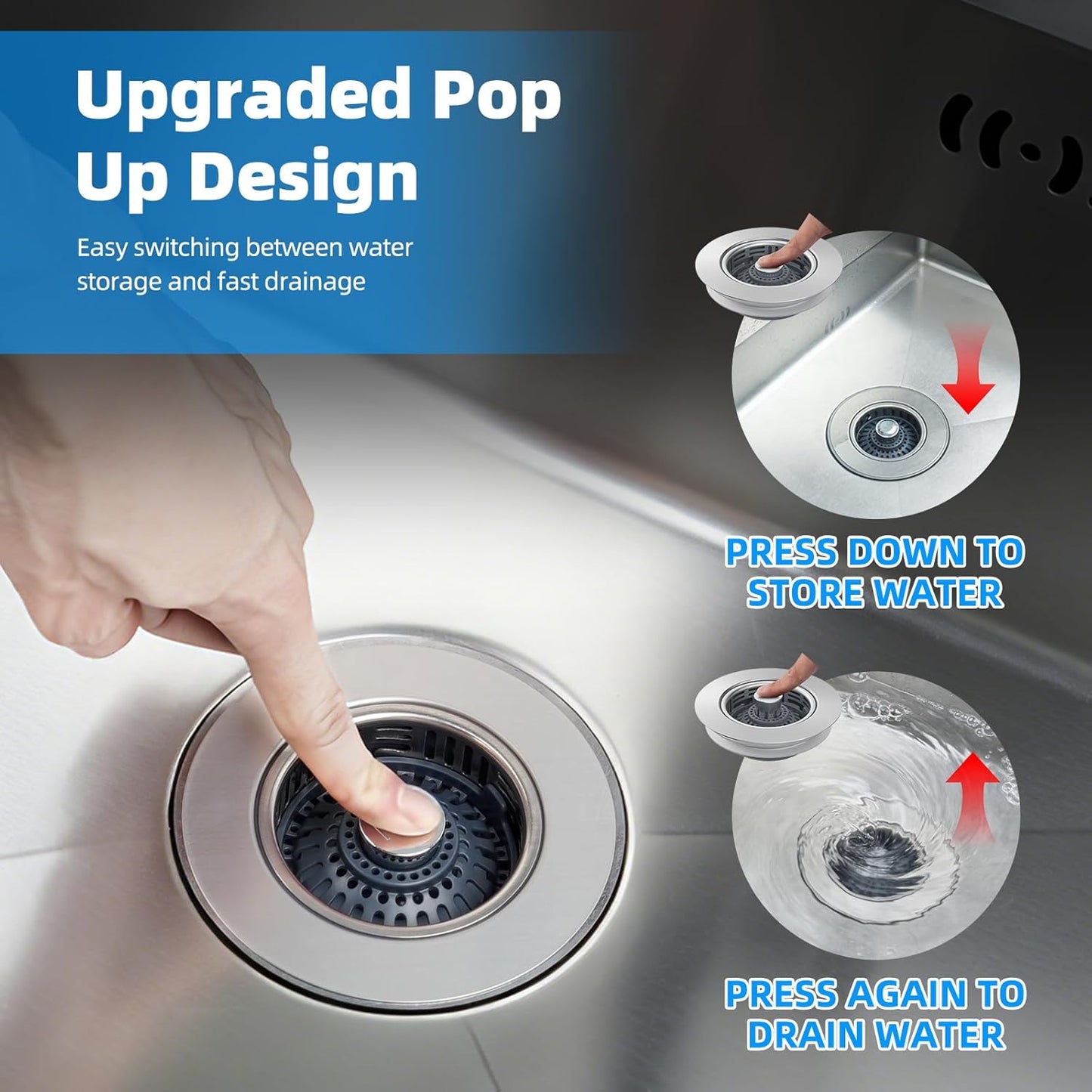 Hibbent 3 in 1 Kitchen Sink Drain Strainer, Metal Pop Up Stopper | Larger Anti-Clogging Basket, 3-Layer Seal, Detachable Sink Drain Plug for US Standard 3-1/2" Drain, Brushed Stainless Steel