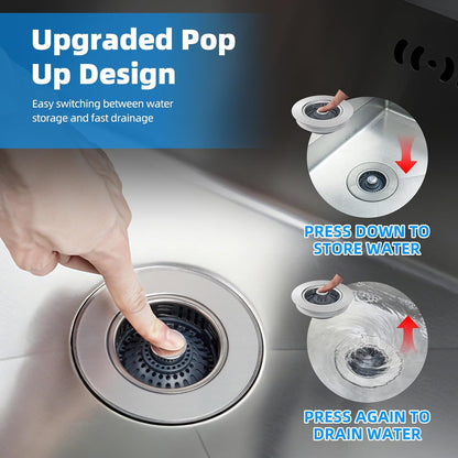 Hibbent 3 in 1 Kitchen Sink Drain Strainer, Metal Pop Up Stopper | Larger Anti-Clogging Basket, 3-Layer Seal, Detachable Sink Drain Plug for US Standard 3-1/2" Drain, Brushed Stainless Steel