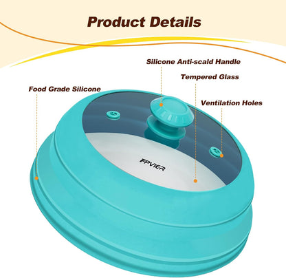 Microwave Splatter Cover, Vented Silicone & Glass Anti-Splatter Lid with Handle, Collapsible Food Plate Cover Fits 6–11 Inch Plates and Bowls (Black, 10.8inch)
