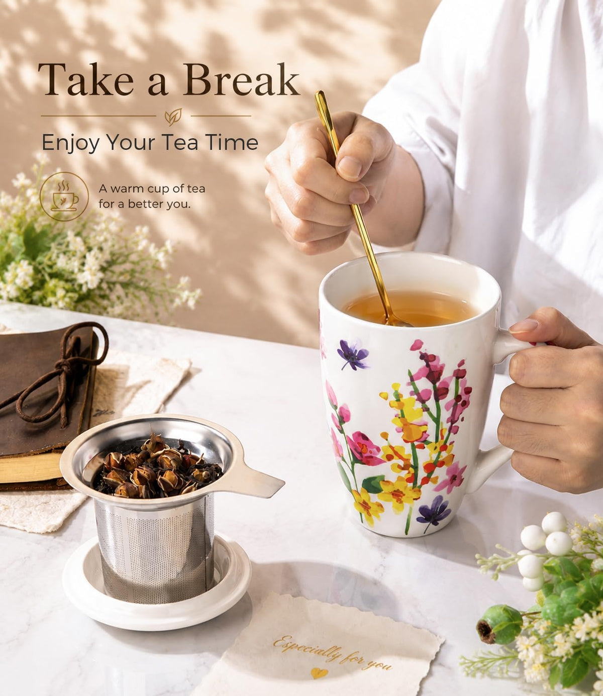 GBhome Tea Mug with Infuser and Lid,18 oz Loose Leaf Tea Cup with Steeper