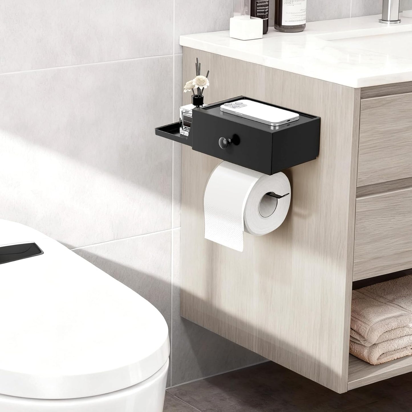 Lifewit Toilet Paper Holder Wall Mount with Shelf & Drawer, Black, 1 Pack | Screw or adhesive installation, sturdy bathroom tissue storage, holds wipes & small toiletries, bathroom accessory organizer