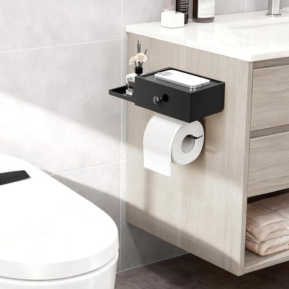 Lifewit Toilet Paper Holder Wall Mount with Shelf & Drawer, Black, 1 Pack | Screw or adhesive installation, sturdy bathroom tissue storage, holds wipes & small toiletries, bathroom accessory organizer