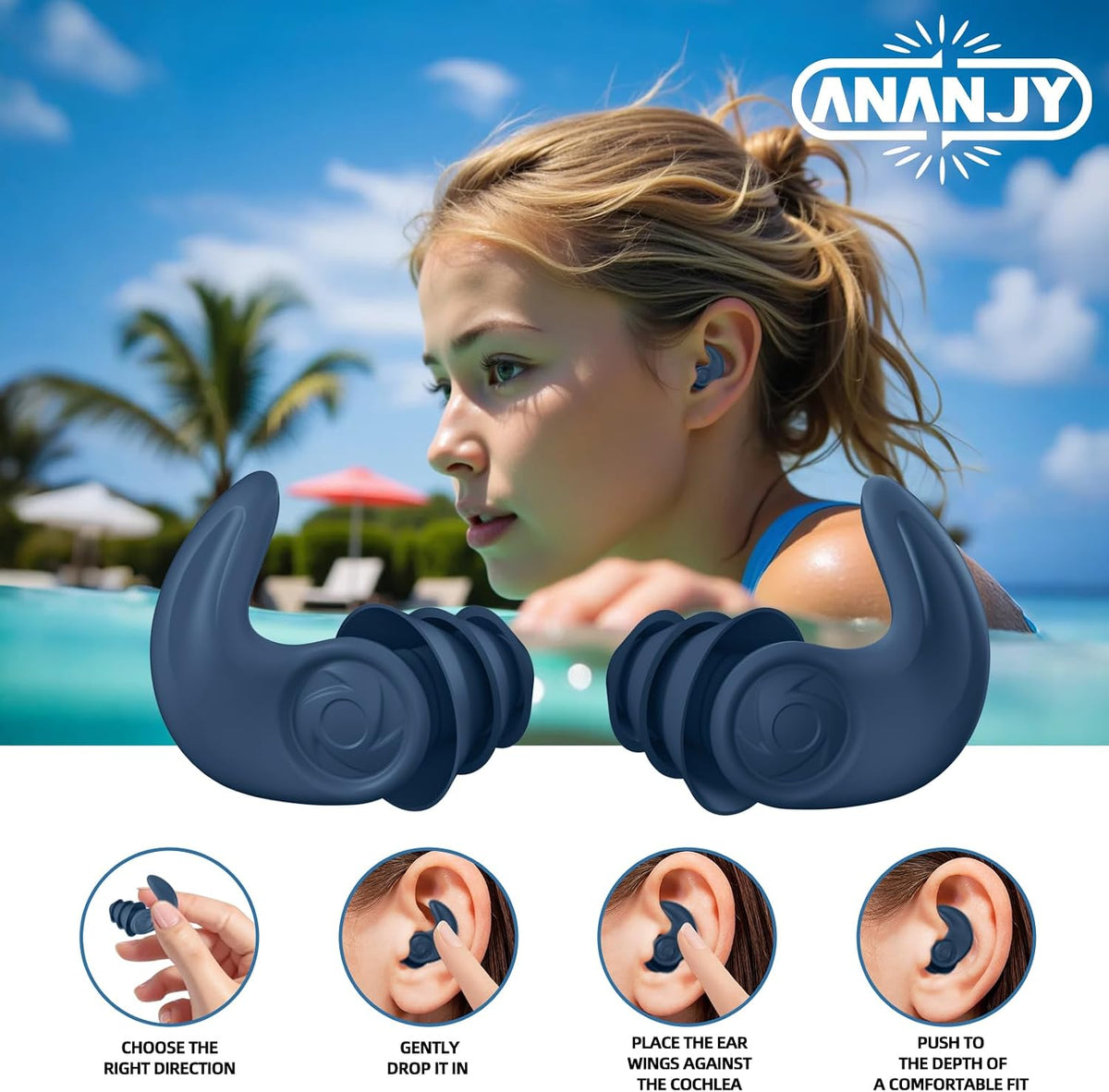 Waterproof Swimming Ear Plugs for Adults Kids, 3 Pairs Soft Silicone