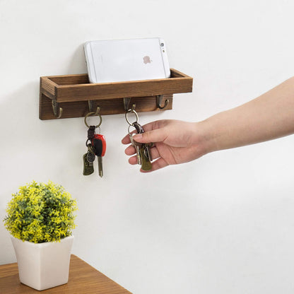 MyGift 10 Inch Brown Wood Wall Mounted Floating Shelf Key Rack with 4 Hooks | Four Metal Hooks, Space Saving Storage, Entryway Organization, Rustic Accent, Keys Mail Accessories Display