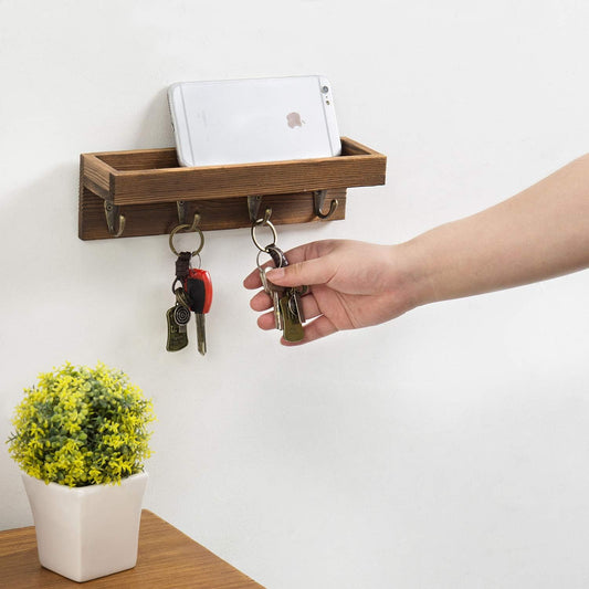 MyGift 10 Inch Brown Wood Wall Mounted Floating Shelf Key Rack with 4 Hooks | Four Metal Hooks, Space Saving Storage, Entryway Organization, Rustic Accent, Keys Mail Accessories Display
