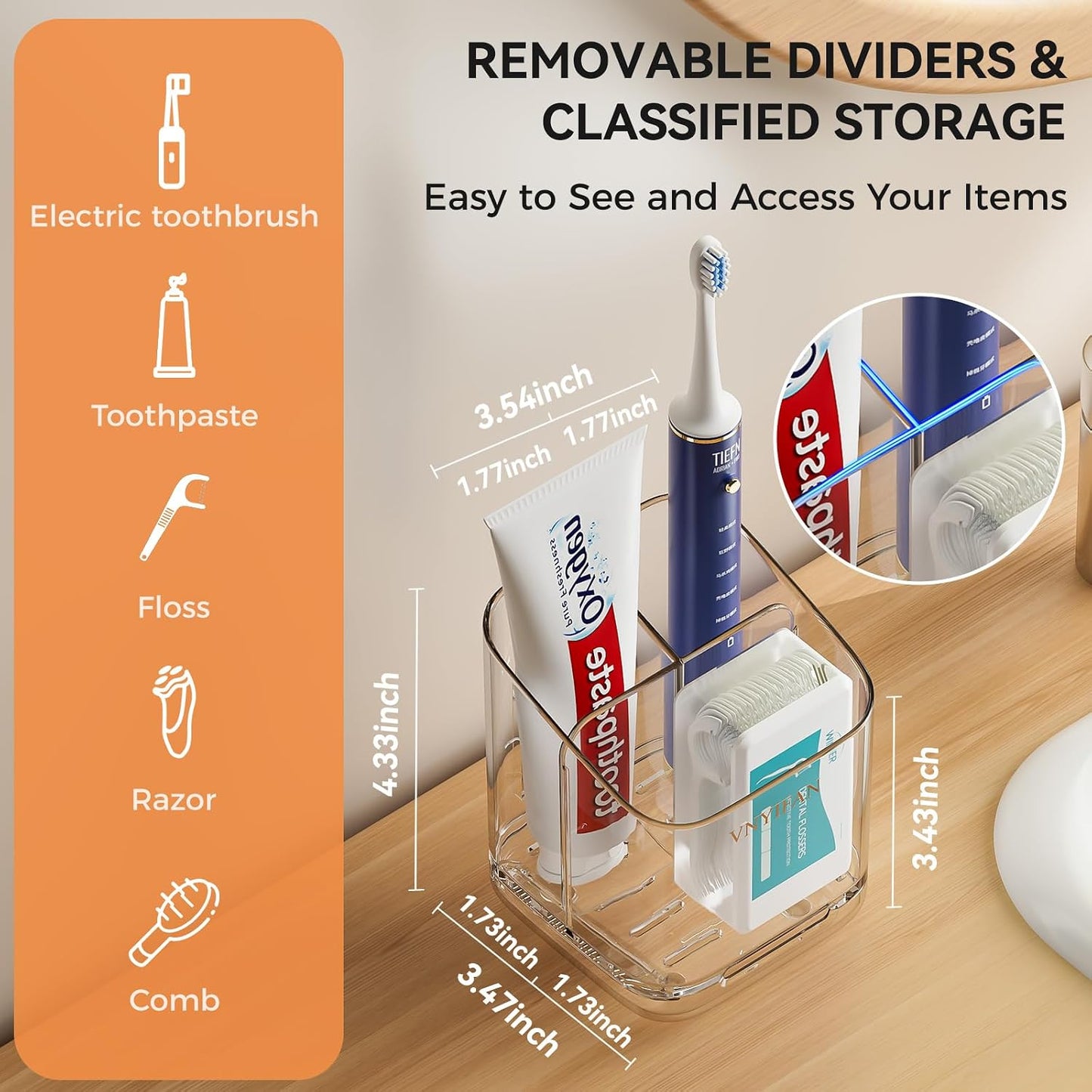 3 Slots Toothbrush Holders with Detachable Dividers for Bathrooms | Toothbrush Holder Wall Mounted with Drip Tray, Electric Tooth Brush and Toothpaste Holder Organizer for Bathroom Countertop