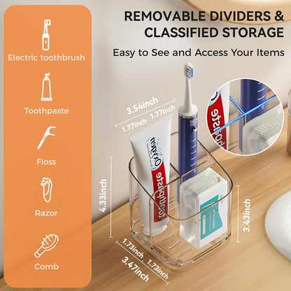 3 Slots Toothbrush Holders with Detachable Dividers for Bathrooms | Toothbrush Holder Wall Mounted with Drip Tray, Electric Tooth Brush and Toothpaste Holder Organizer for Bathroom Countertop