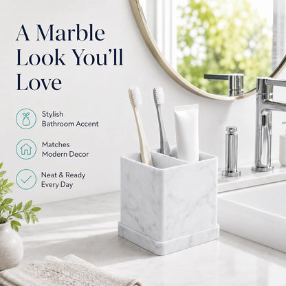 Silicone Toothbrush Holders for Bathrooms with Drainage Tray, White Marble | 3 Slots Unbreakable Countertop Electric Tooth Brush and Toothpaste Holder Organizer Stand, Marble Bathroom Accessories Decor