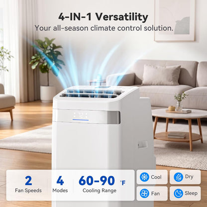 14000BTU Portable Air Conditioner, 4-in-1 700 Sq. Ft, Quiet for room | 14000BTU AC cools 700sq.ft, 4-in-1 cool/fan/dry/sleep, quiet, LED, remote, 24H timer, kit, for bed/office/dorm.