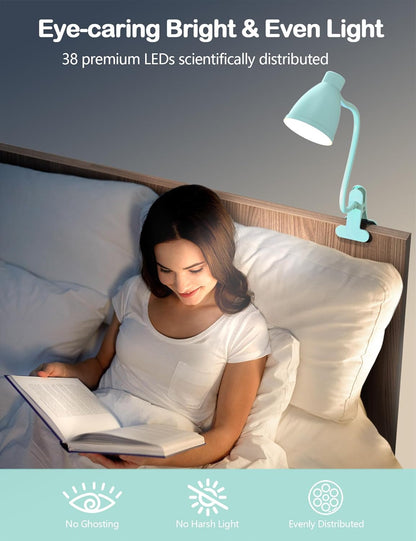 BOHON Desk Lamp 5 Color Modes 10 Brightness Dimmer Reading Light Black | 10W 38 LED Clamp Lamp with Auto Off Timer 360° Flexible Neck Clip on Light for Bed Bedside, AC Adapter Include