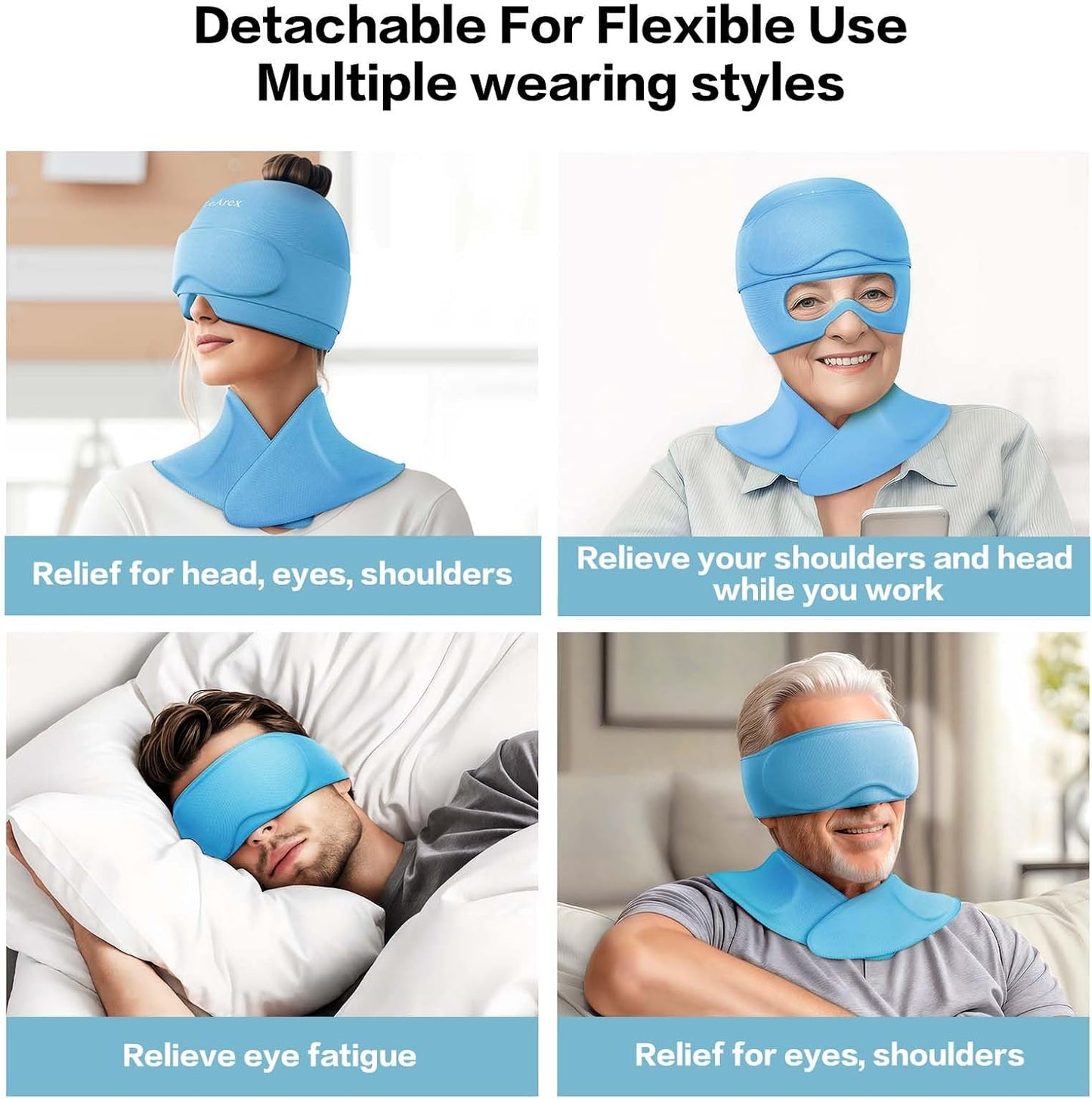 3 in 1 Migraine Relief Cap Neck Ice Pack Wrap Gel and Ice Eye Masks, Detachable Ice Caps with Eyes Masks, Hot and Cold Therapy for Relief of Headaches, Stiff Neck and Eye Fatigue (Purple)