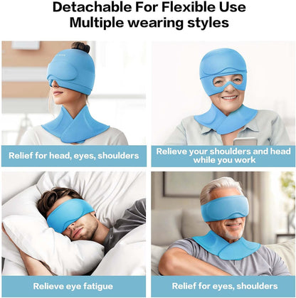 3 in 1 Migraine Relief Cap Neck Ice Pack Wrap Gel and Ice Eye Masks, Detachable Ice Caps with Eyes Masks, Hot and Cold Therapy for Relief of Headaches, Stiff Neck and Eye Fatigue (Purple)