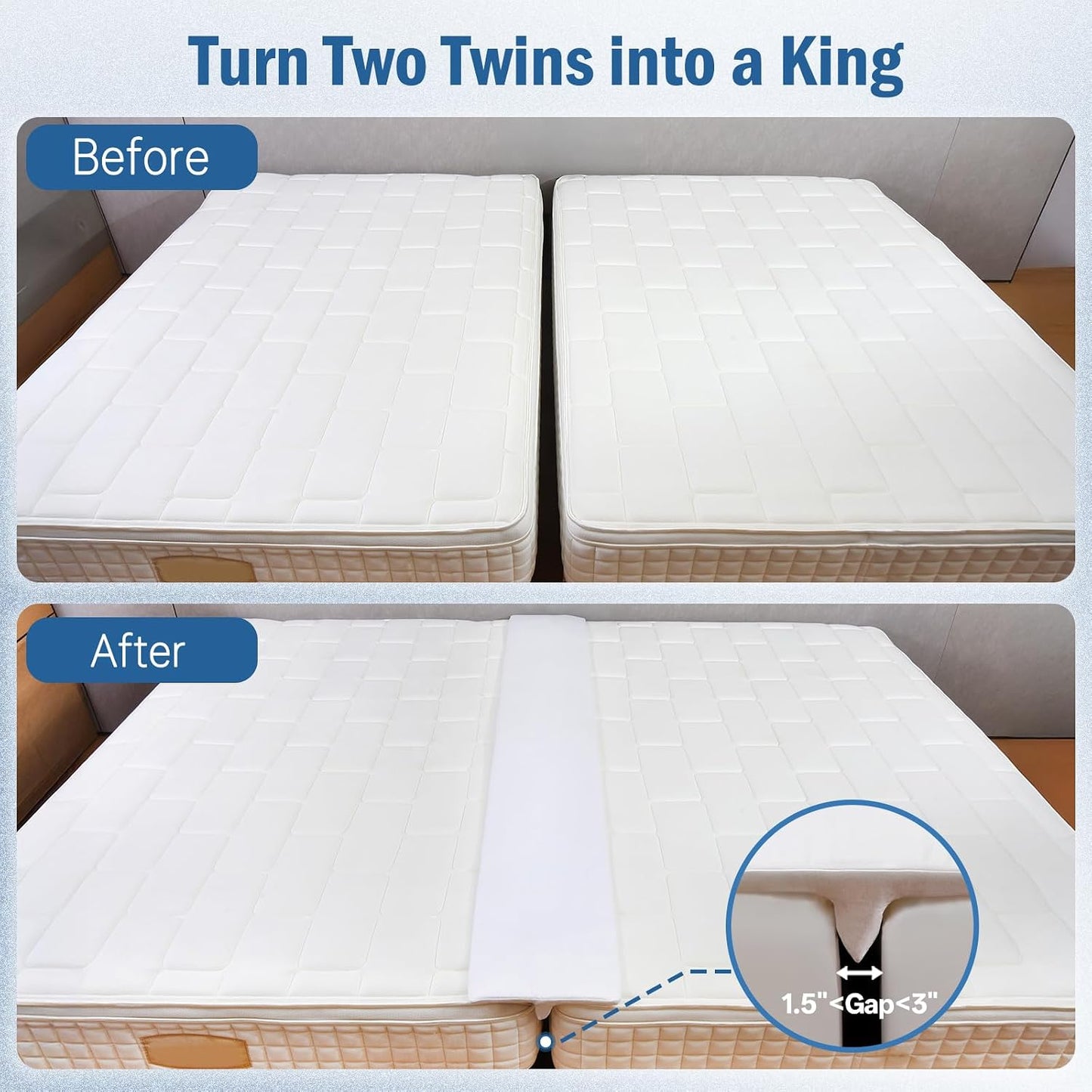 Vekkia Split King Gap Filler for Adjustable Bed,Twin to King Bed Converter Kit,Bed Bridge Twin to King,Mattress Connector with Washable Cover,for Guests Stayovers,Family Room(75in×10in) | Firm Support Twin to King Converter, Bed Bridge Fits 1.5”-3”Gaps,