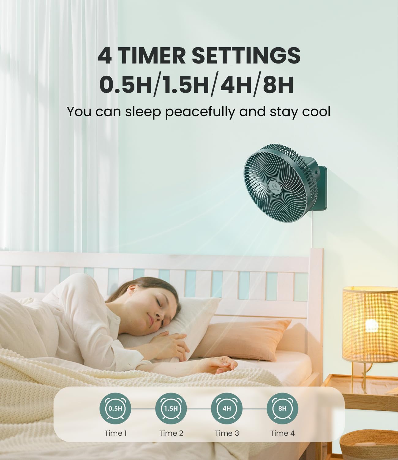 LEMOISTAR 8 Inch Small Wall Mounted RV Fan with Remote Control, 90° Oscillating, 4 Speeds, 4 Timer, Adjustable Tilt, 70 Inch Cord, Quiet, for Corner Bedroom Home Office Garage-Black