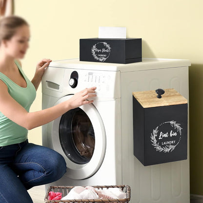 Magnetic Lint Bin and Dryer Sheet Holder Set for Laundry Room, Farmhouse Wooden Lint Trash Can with Lid and Dryer Sheet Dispenser Box Magnetic for Mounting on Dryer,Stylish Laundry Room Organiz(Black)