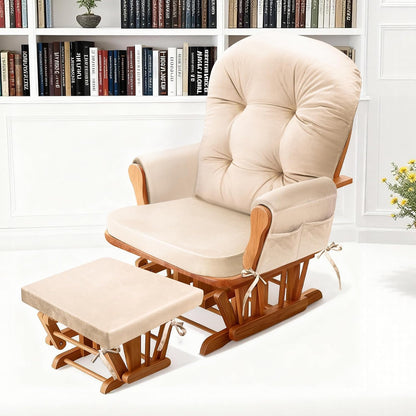 JZHLLA Glider Rocker Replacement Cushion Set with Storage Pockets Soft Flannel Fabric & High-Resilience Foam Non-Slip Back Rocking Chair Cushion for Living Room Rocking Chair(Beige)