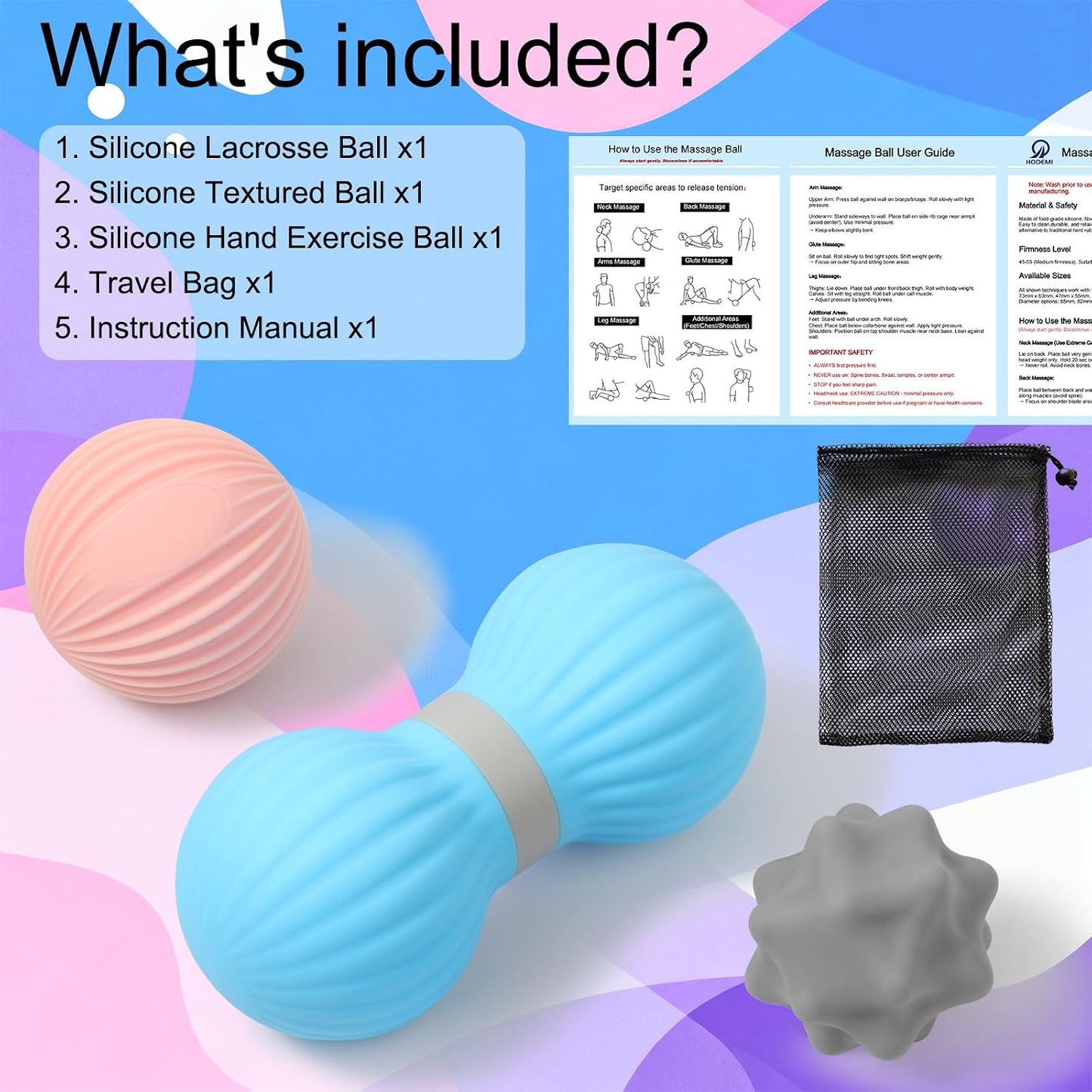 HODEMI Massage Ball Set, 3 Pack Spiky Ball, Lacrosse Ball & Peanut Massage Roller for Trigger Point Therapy, Deep Tissue Muscle Relaxation for Back, Neck, Hip, Leg & Foot with Mesh Bag