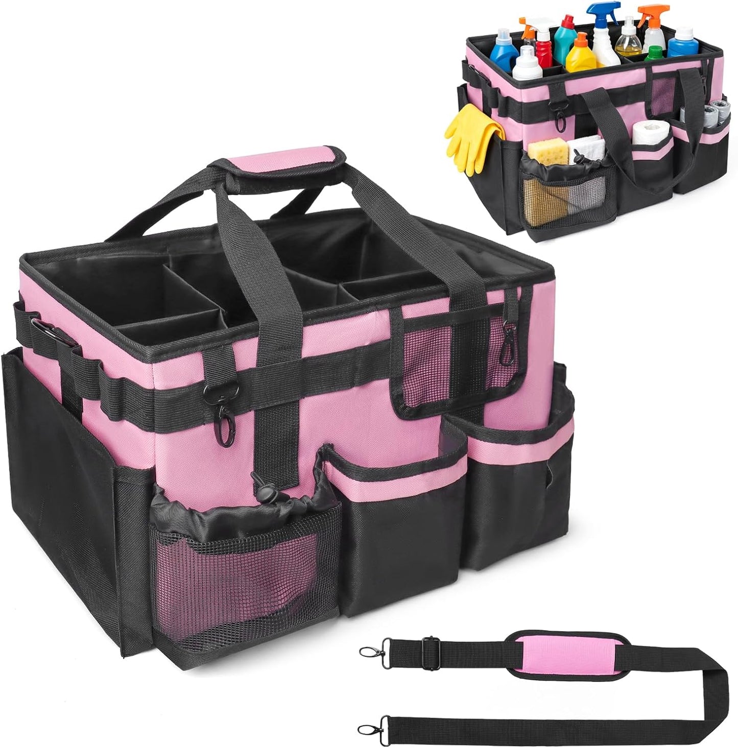 Large Cleaning Caddy Organizer, Adj Straps & Board Dividers Heavy‑Duty | Waterproof Nylon Fabric, Handle, Removable Divider, Tool Bags for Housekeepers, Car detailing, Kitchen Bathroom