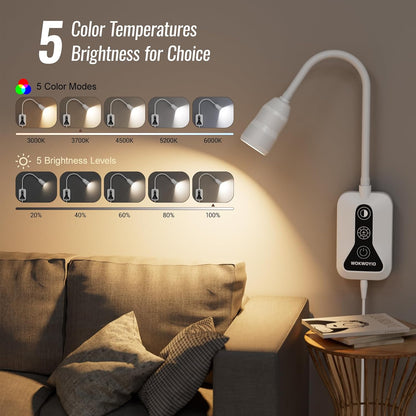 Wall Mounted Reading Light for Bed, Headboard Light with 360° Flexible Arm, Hand Wave Sensor, Focused 60° Beam, 5 Color Temperatures, Stepless Dimming, Memory Function, USB-C Output, Black 1 Pack