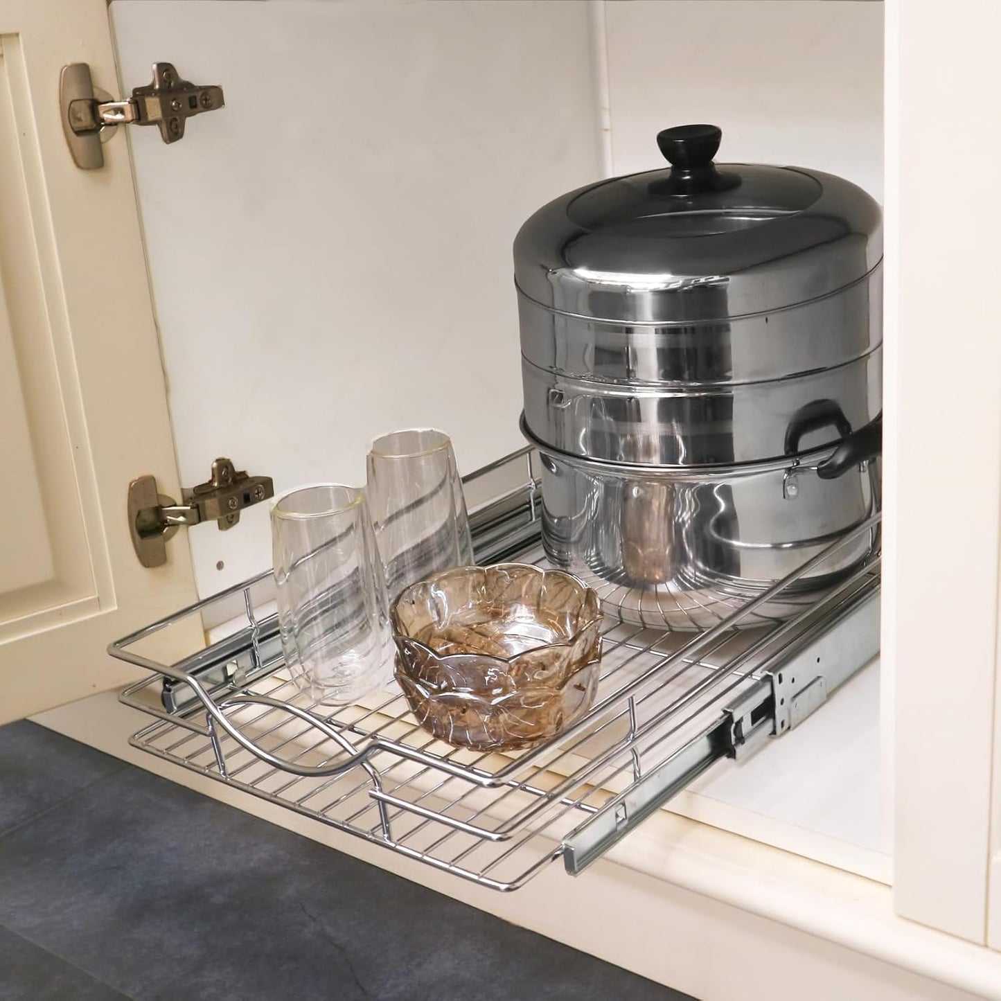 Sikarou Pull Out Cabinet Organizer, Heavy Duty Kitchen Cabinet Pull Out Shelves, Slide Out Wire Basket for Kitchen Cabinets, Bathroom, Pantry, Chrome Finish (11 * 17 in)