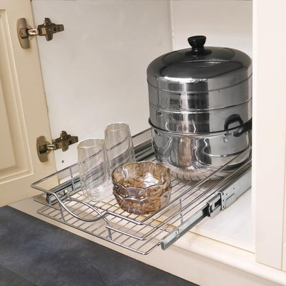 Sikarou Pull Out Cabinet Organizer, Heavy Duty Kitchen Cabinet Pull Out Shelves, Slide Out Wire Basket for Kitchen Cabinets, Bathroom, Pantry, Chrome Finish (11 * 17 in)
