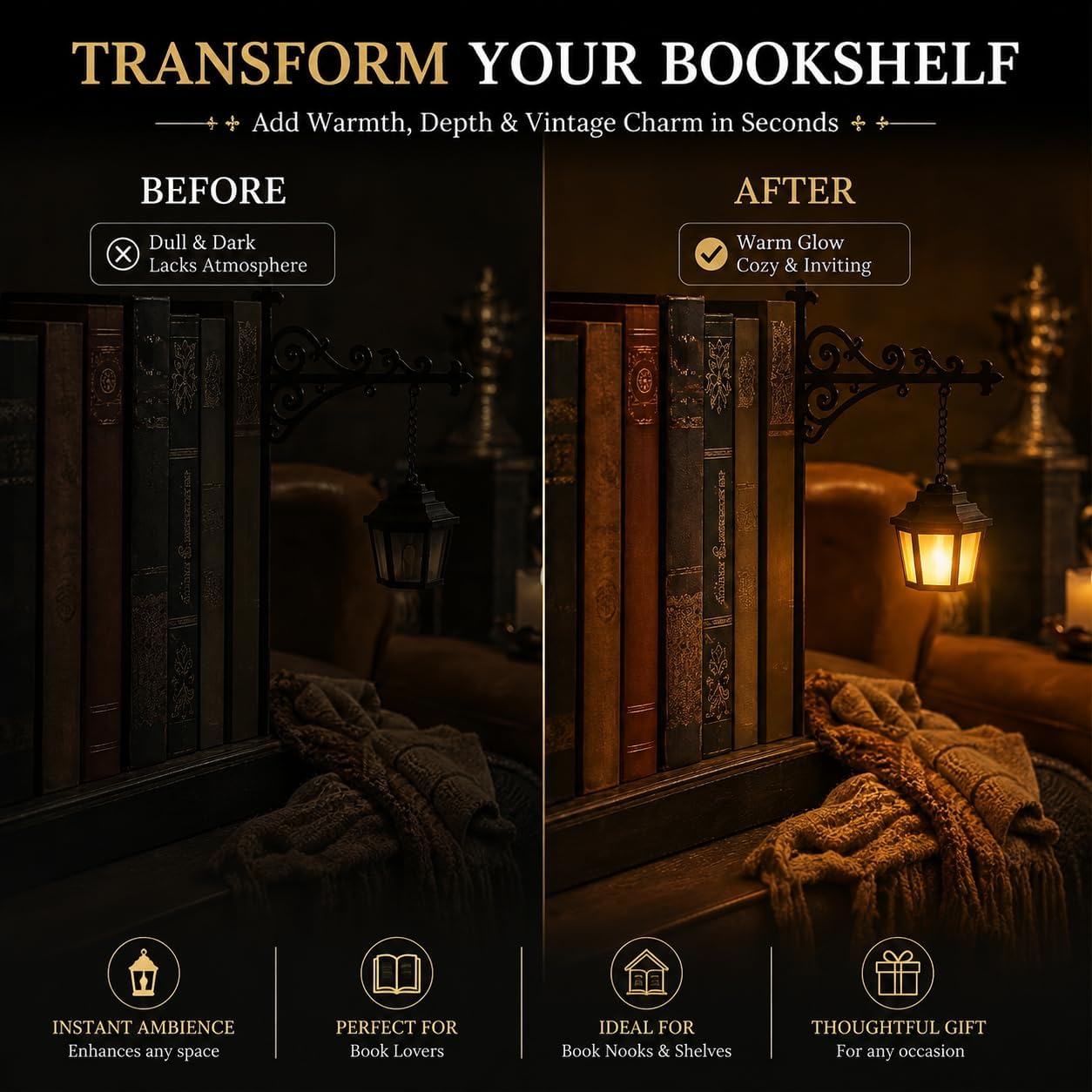 Library Lantern-Decorative Bookshelf Lighting, Mini Bookshelf Lamp Slides Between Books, Warm Amber LED Bookshelf Lights for Book Nook, Shelf Decor Gift for Book Lovers(Classic Lantern)