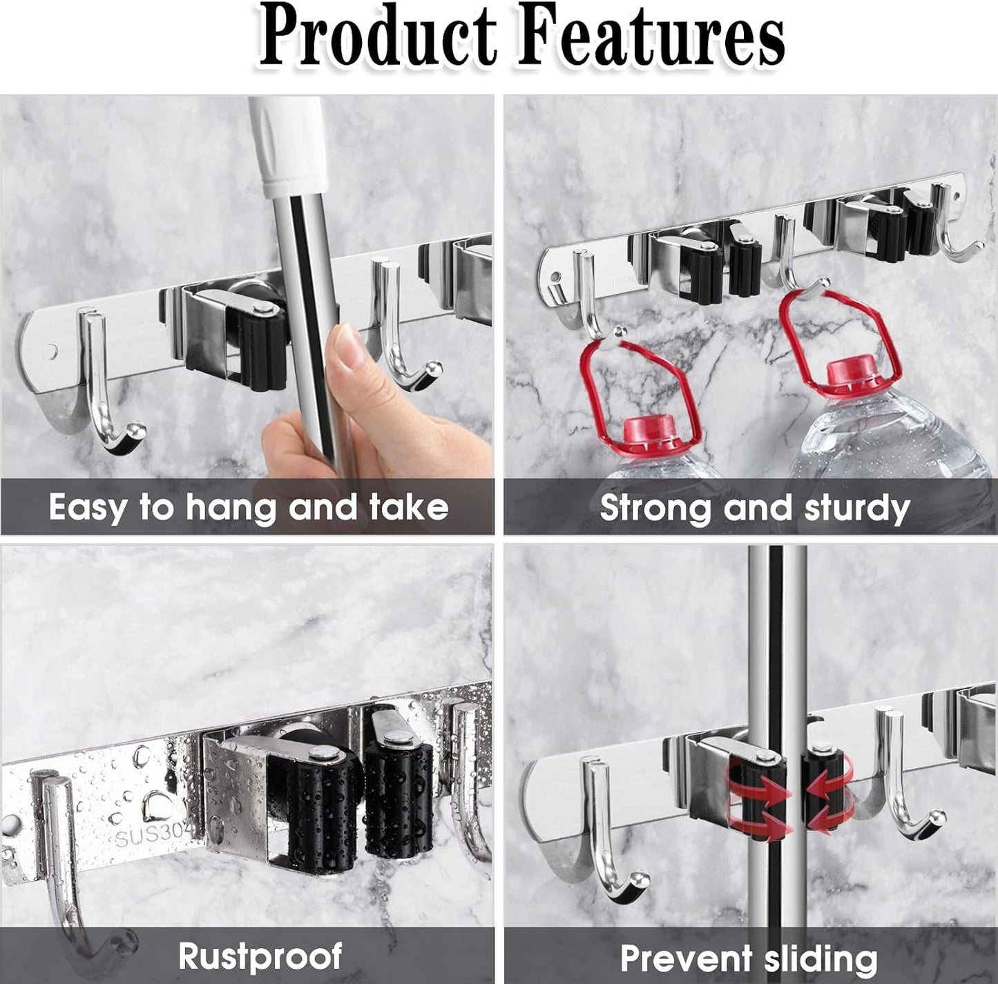 AceMining Broom Holder Wall Mount, 5 Racks 4 Hooks Heavy Duty Mop Organizer | Mop Holder Wall Mount and Broom Hanger for Garage, Laundry Room, Kitchen and Utility Storage