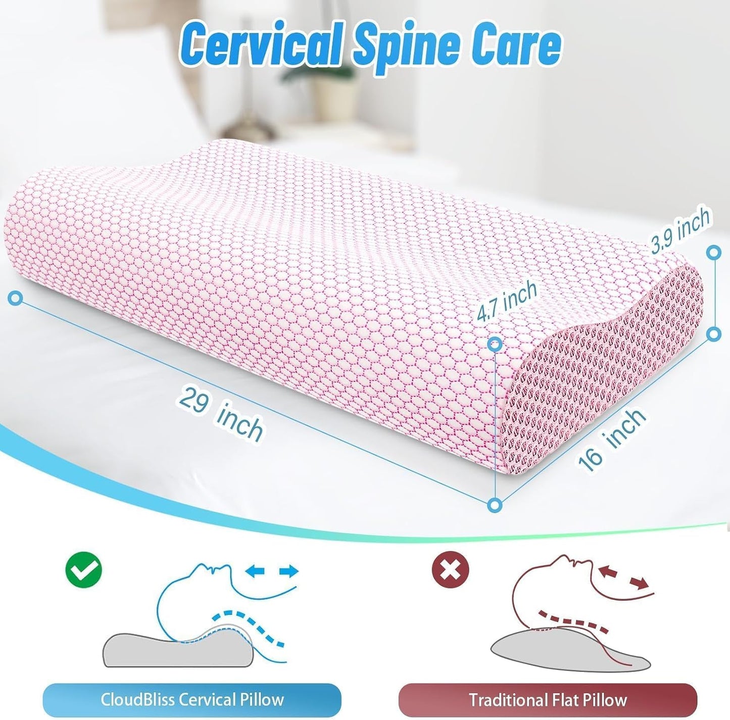 Neck Pillow for Sleeping, Ergonomic Cervical Bed Pillow, Blue Standard Size | Memory Foam Bed Pillow for Side Back Stomach Sleepers, Contour Fit Neck Pillow for Sleeping and Neck Pain Relief