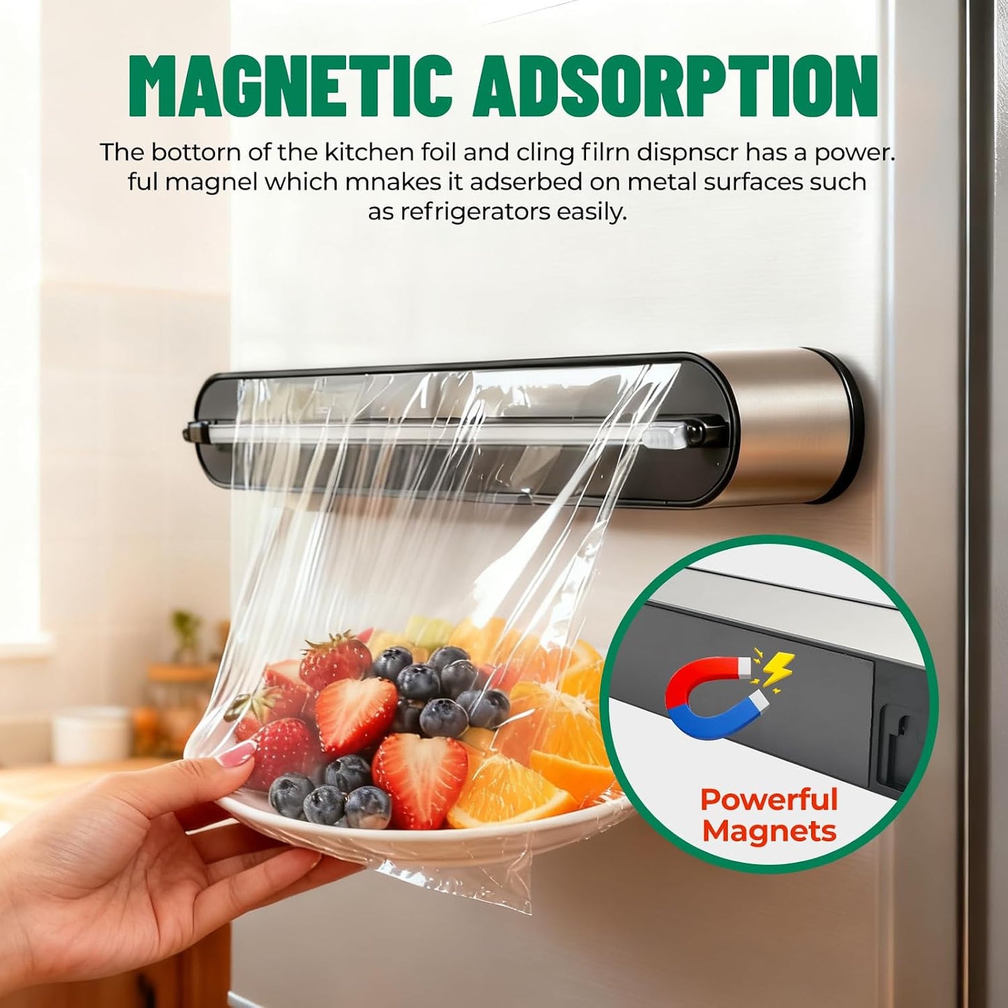 Stainless Steel & Plastic Wrap Dispenser with Cutter, Magnetic No-Drill Wall Mount Aluminum Foil Holder with Slide Cutter, for Cabinets, Space-Saving Kitchen Organizer (Silvery-Stainless Steel)