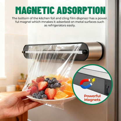 Stainless Steel & Plastic Wrap Dispenser with Cutter, Magnetic No-Drill Wall Mount Aluminum Foil Holder with Slide Cutter, for Cabinets, Space-Saving Kitchen Organizer (Silvery-Stainless Steel)