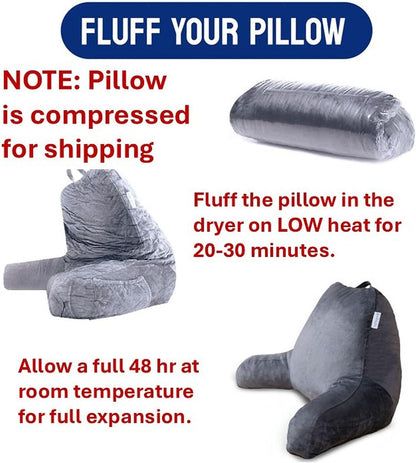 Reading Pillow for Bed with Arms Pockets for Adults, Large Grey | Bed Pillow for Sitting Up for Nursing, Breast Feeding, Bedrest or Relief from GERD or Heartburn; Removable, Washable Cover