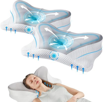 Sweetcrispy Cervical Pillow for Neck and Shoulder - Ergonomic Memory Foam Pillows, Contour Side Sleeper for Adults, Cooling Orthopedic Neck Support for Back Stomach Sleepers, White