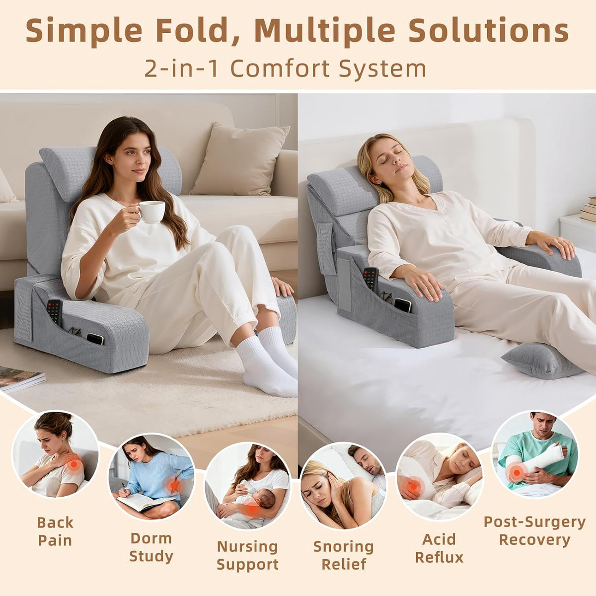 Foldable Reading Pillow for Sitting in Bed Adult, White/Grey, 19"