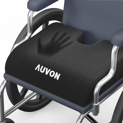 AUVON Wheelchair Seat Cushion, Thigh Slope Design for Long Sitting Comfort | Ergonomic Memory Foam Chair Cushion, U-Cutout for Sciatica & Back Relief, Waterproof Cover, Anti-Sore & Ulcer, Buckle Strap