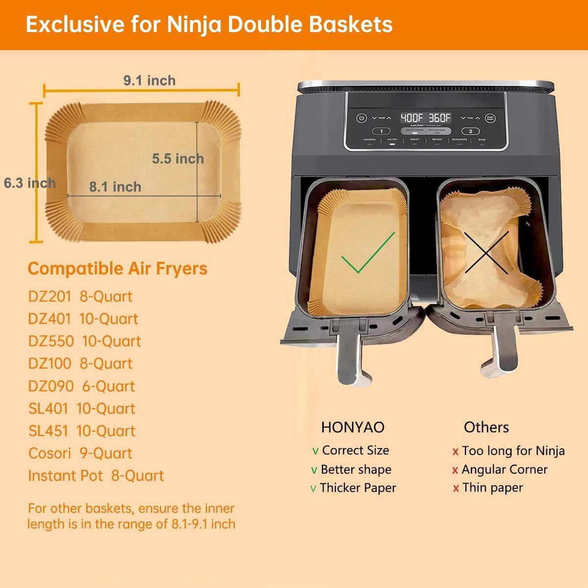 HONYAO Air Fryer Paper Liners for Dual Zone Airfryer, 8.1x5.5 inch