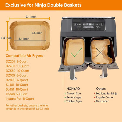 HONYAO Air Fryer Paper Liners for Dual Zone Airfryer, 8.1x5.5 inch