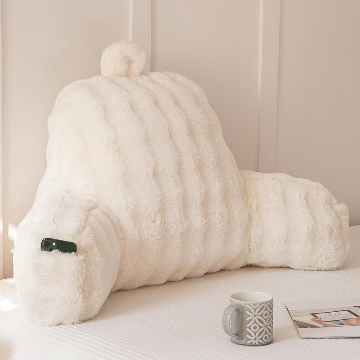 Faux Fur Reading Pillow for Sitting in Bed, Large Backrest Bed Pillow with Arms, Back Support Pillow for Lounging Bedrest, Beige