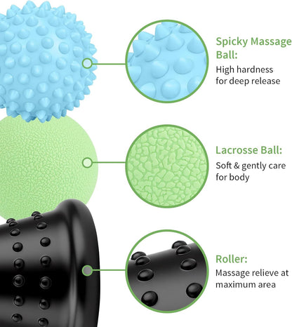 Maliton Massage Ball & Foot Roller - 3-in-1 Set with Spiky Ball, Lacrosse Ball, Massage Roller - Plantar Fasciitis Relief and Heel Spur Pain, Trigger Point Therapy for Deep Muscle Massage.