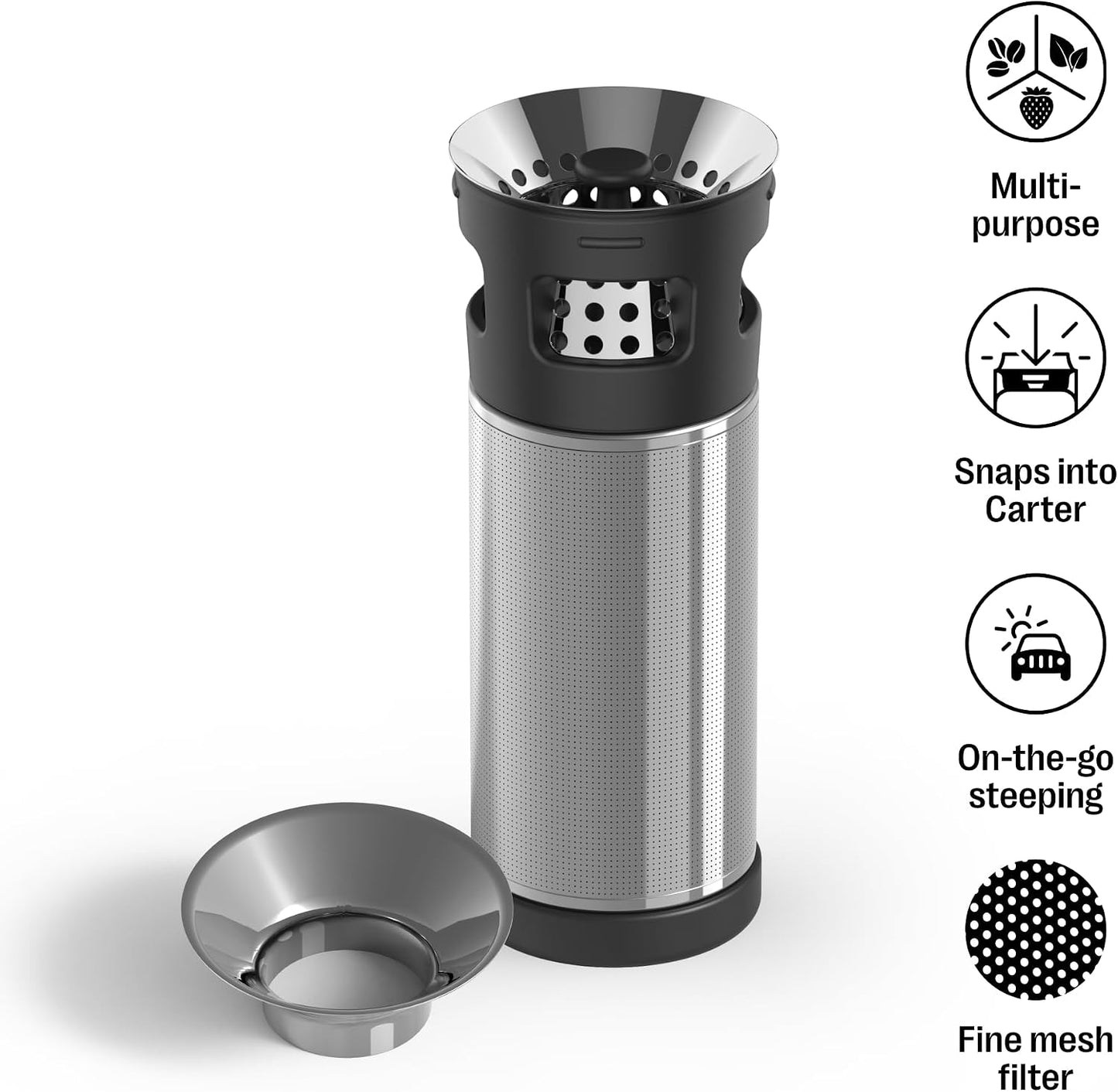 Fellow Carter Tea Infuser for Loose Leaf Tea and Cold Brew - Fine Mesh | Stainless Steel Tea Steeper, Dishwasher Safe, Snaps Into Carter Mug 16 oz, Drip Tray Included, Tea Diffuser for Mugs