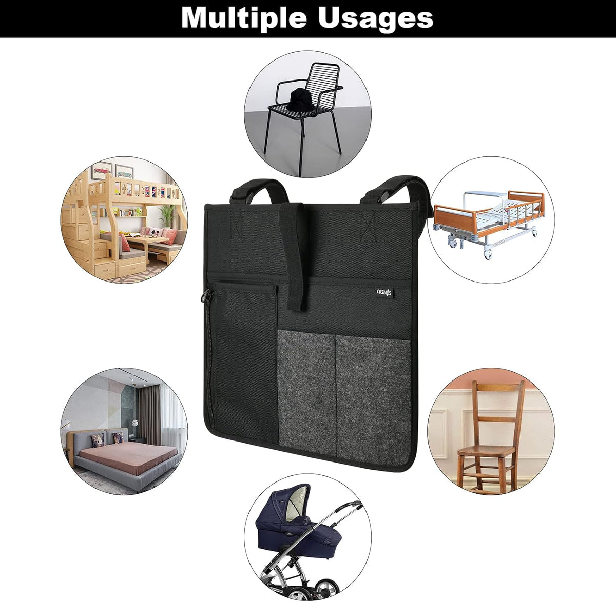 Cosmos Armrest Chair Side Organizer Bedside Caddy Organizer Bunk Bed Storage Bag Armchair Wheelchair Hanging Side Pocket Bag for Ipad, Tablet, Phone, Remote Control, Magazines, Books & Water Bottle
