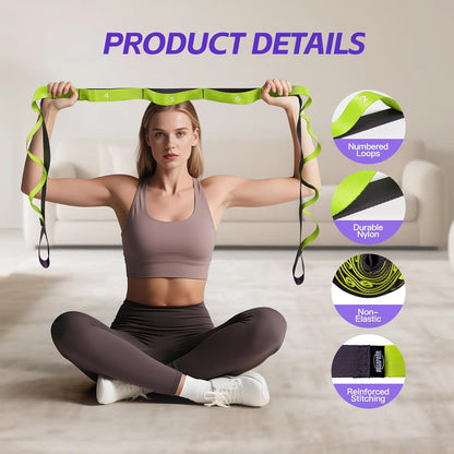 Non Elastic Stretching Strap with Loops - Yoga Straps for Physical Therapy, Durable Stretch Bands for Exercise, Flexibility Training, Hamstring & Leg Stretcher, Yoga/Pilates/Gymnastics
