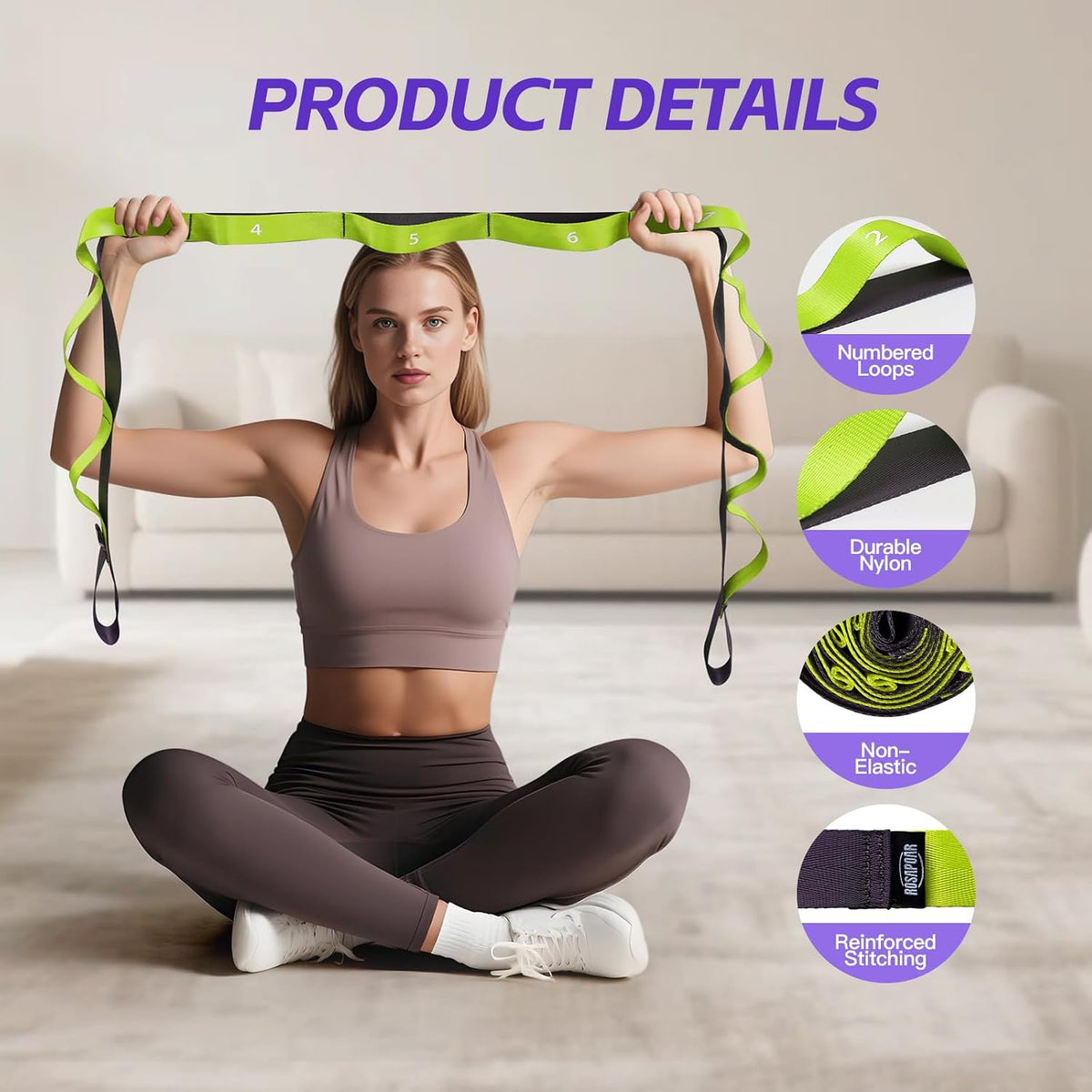 Non Elastic Stretching Strap with Loops - Yoga Straps for Physical Therapy, Durable Stretch Bands for Exercise, Flexibility Training, Hamstring & Leg Stretcher, Yoga/Pilates/Gymnastics