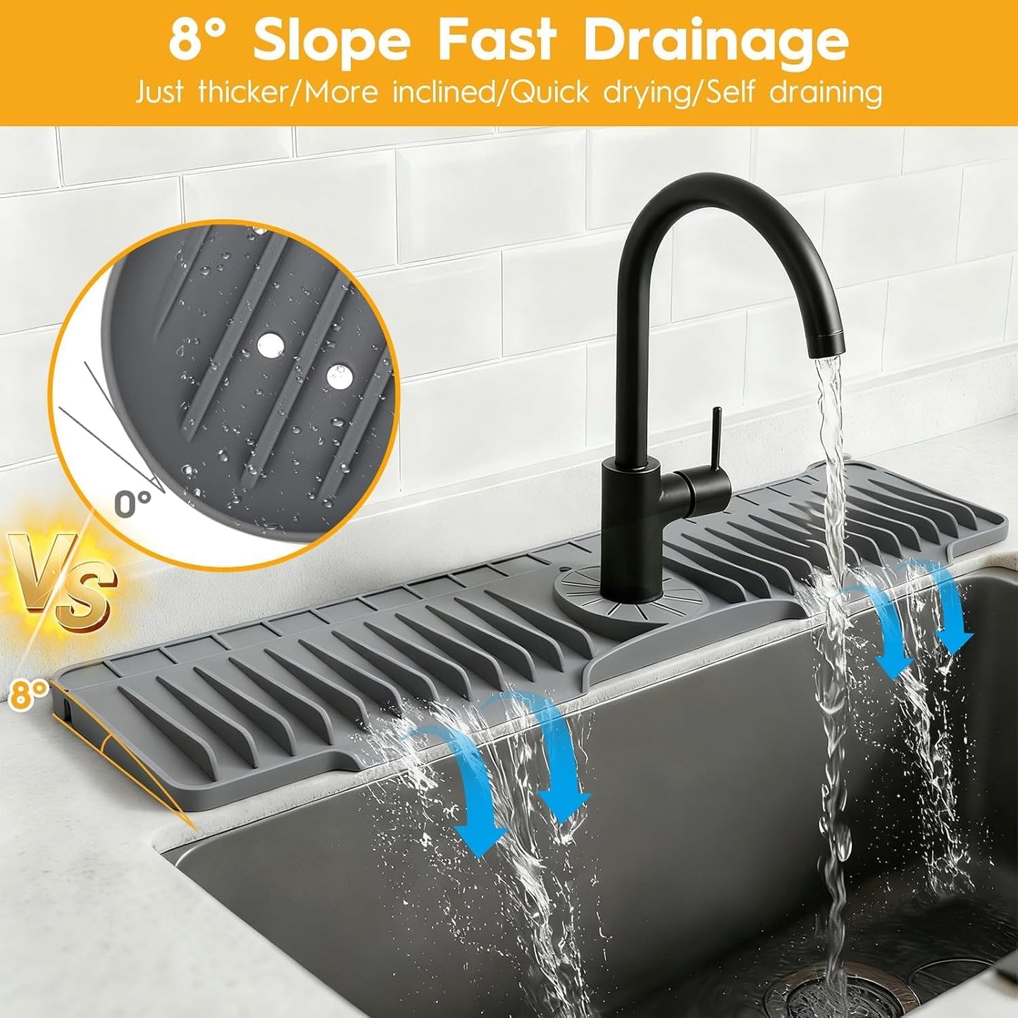 16" Silicone Faucet Mat for Kitchen Sink of The Lastest, Beige | 8° Slope Fast Self-draining, Kitchen Sink Water Splash Guard, Behind Faucet Draining Mat, for Bathroom Kitchen Sink Area