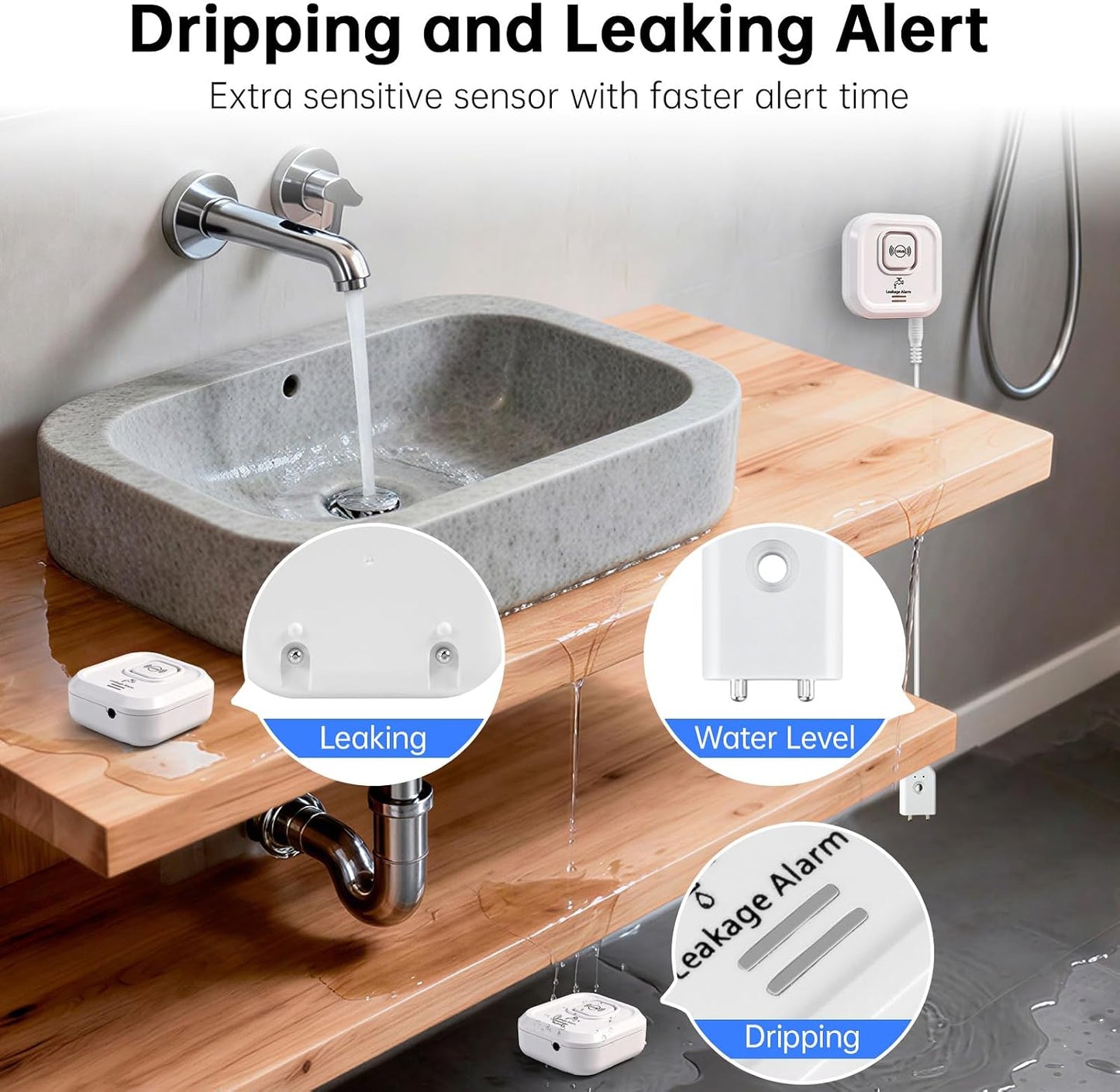 WiFi Water Leak Detectors 100dB Smart Water Sensor Alarm with 3.22 ft Sensor Cable Triple Detection Mode, with App Remote Monitor, Wireless Tank Level Monitor for Basement, Kitchen, Bathroom (3pack)