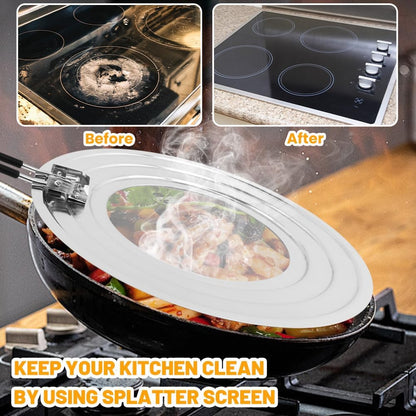 Stainless Steel Splatter Screen for Frying Pan, Grease Splatter Guard with Foldable Heat-Resistant Silicone Handle, Shields Stove Top from Bacon Fry Oil or Deep Fryer Splash(11.81inch)