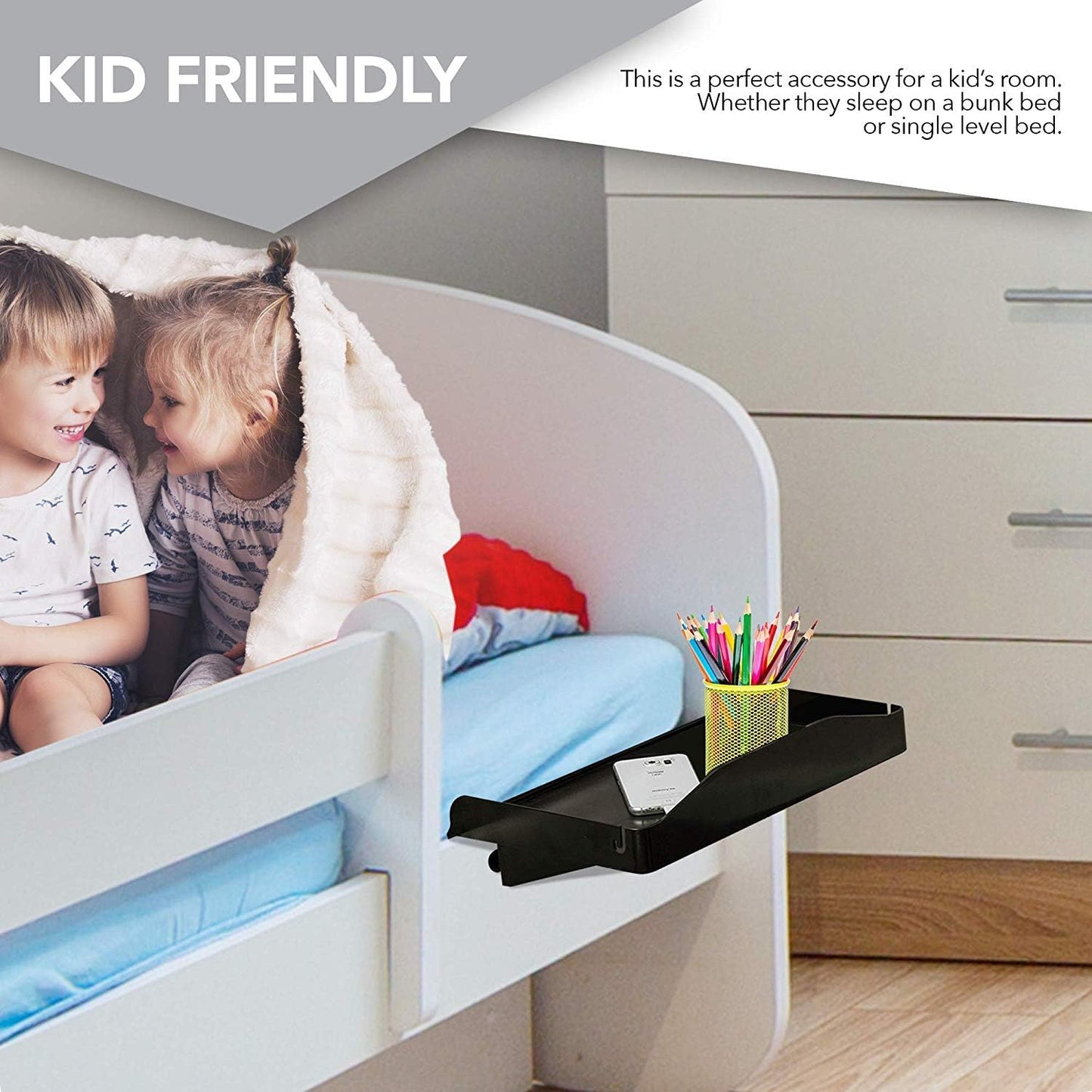 Modern Innovations Bedside Shelf for Bed, College Dorm Room, Bunk Bed Shelf/Caddy for Top Bunk, Clip On Nightstand Tray with Cord and Cup Holder for Table Storage (Black)