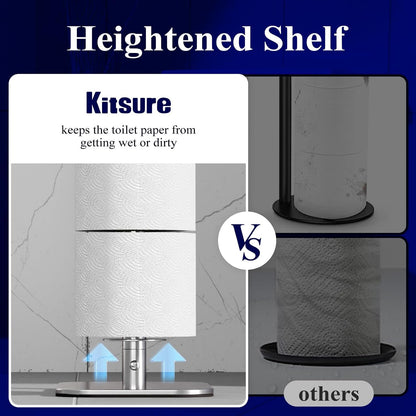 Kitsure Metal Toilet Paper Holder Free Standing, Medium, Black | Rustproof Toilet Paper Stand for 4 Rolls, Bathroom Organizers and Storage with Anti-Slip Base and Plastic Shelf