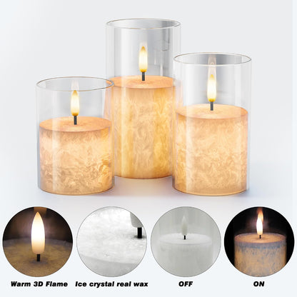 Battery Operated Flameless Candles with Remote & Timer, Gold Glass 3Pack | Real Wax Crystal Texture, D3×H4/5/6", 2/4/6/8H Timer, Dimming, Flickering Realistic LED Candles for Wedding Table Decor