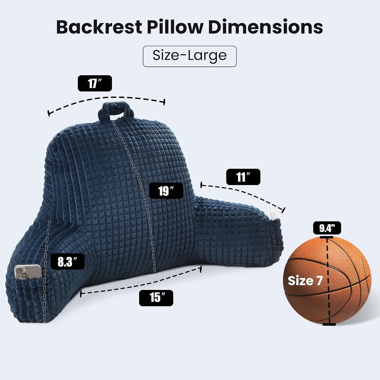Reading Pillow with Arms for Sitting in Bed,Backrest,White Flannel,M | 17" Backrest Supports Back for College Students,Elbows & Forearms for Dorm Reading,Gaming,Watching TV