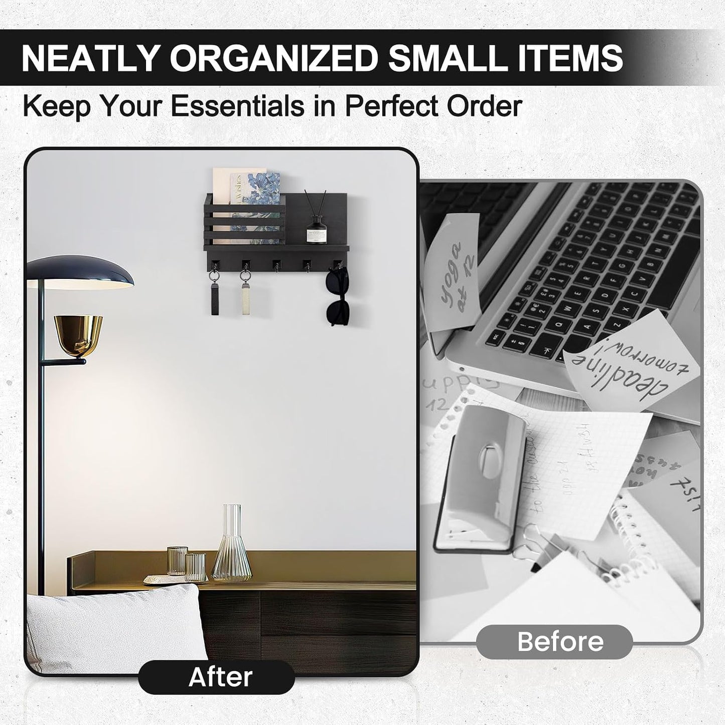 Key Holder Wall Mount, Mail Organizer for Wall with 5 Square Key Hooks | Key Holder for Wall, Key Holder with Shelf Farmhouse Home Decor for Home Entryway